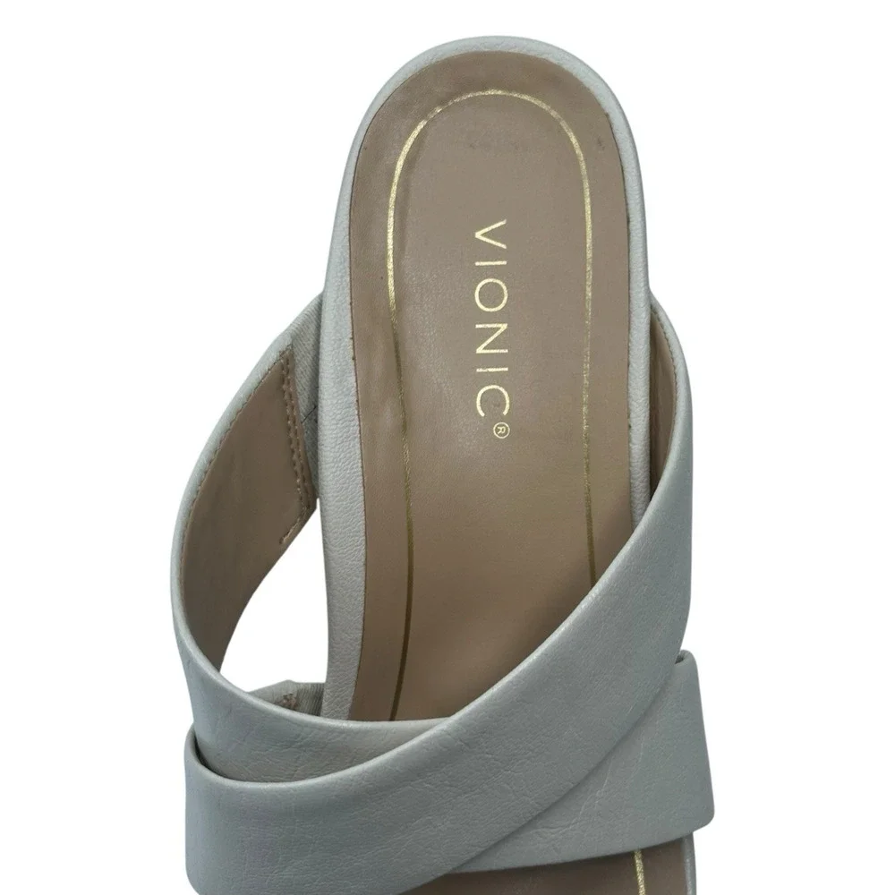 Vionic Merlot Heeled Slide Sandals Cream Leather Womens Size 8 New $150
